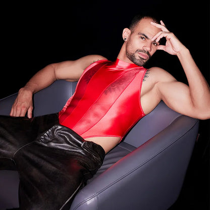 Hot Sexy Men's Bodysuits Mesh Patchwork Shiny Transparen Short Sleeve Male Rompers High Cut Leotard Gay Open Crotch Jumpsuits luvshop24