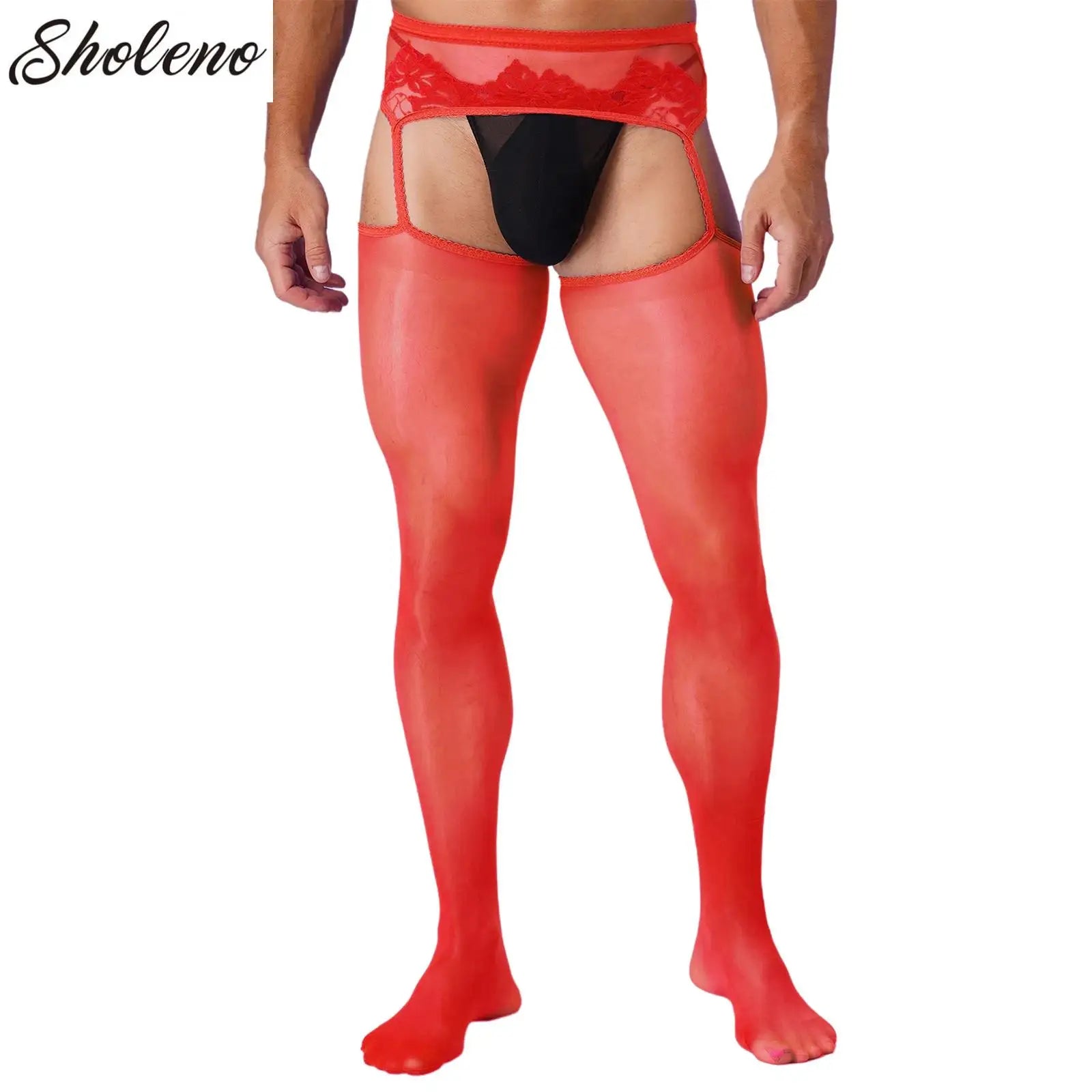 Mens Sexy Cutout Crotchless Pantyhose Floral Lace Exotic Socks Leggings One-Piece Garter Stockings Gay Male Sissy Underwear luvshop24
