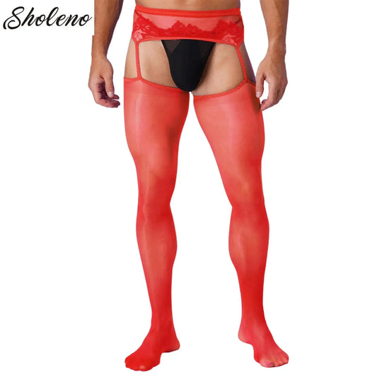Mens Sexy Cutout Crotchless Pantyhose Floral Lace Exotic Socks Leggings One-Piece Garter Stockings Gay Male Sissy Underwear luvshop24
