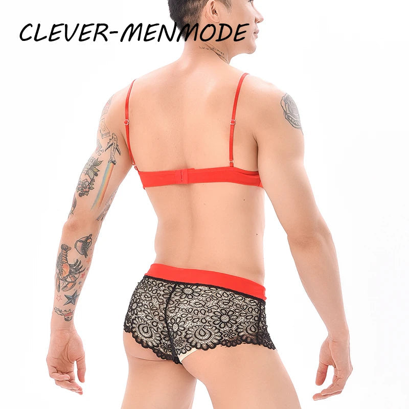 Men Sexy Crossdressing Erotic Sissy Lingerie See Through Mesh Lace Gay Underwear Male Bra Top Transparent Boxers Fetish Customs luvshop24