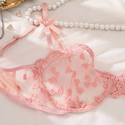 Yimunancy Heart Embroidery Lingerie Set Women 2-Piece Transparent Bow Bra + Brief Underwear Set Erotic Intimates luvshop24