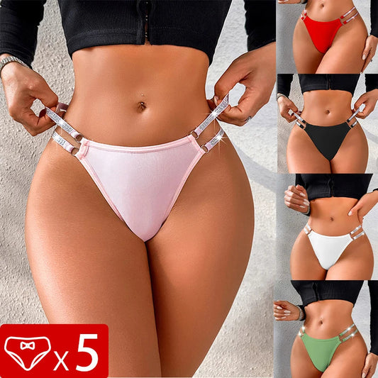 5pcs/Set Women G-string Low Waist Sexy Panties Female Thongs Comfortable Breathable Solid Two Shiny Belts Intimate Lingerie Set luvshop24