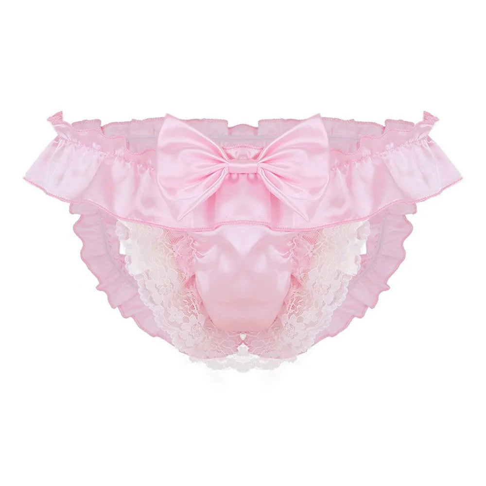 Men Sissy Bow-knot See-through Panties Satin Bikini G-String Thong Briefs Uniform Temptation Sexy Smooth Underwear Sleepwear luvshop24