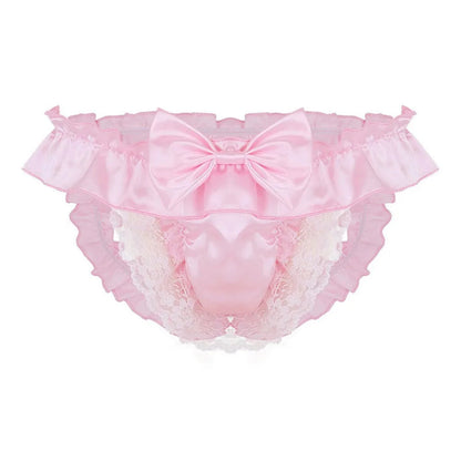 Men Sissy Bow-knot See-through Panties Satin Bikini G-String Thong Briefs Uniform Temptation Sexy Smooth Underwear Sleepwear luvshop24