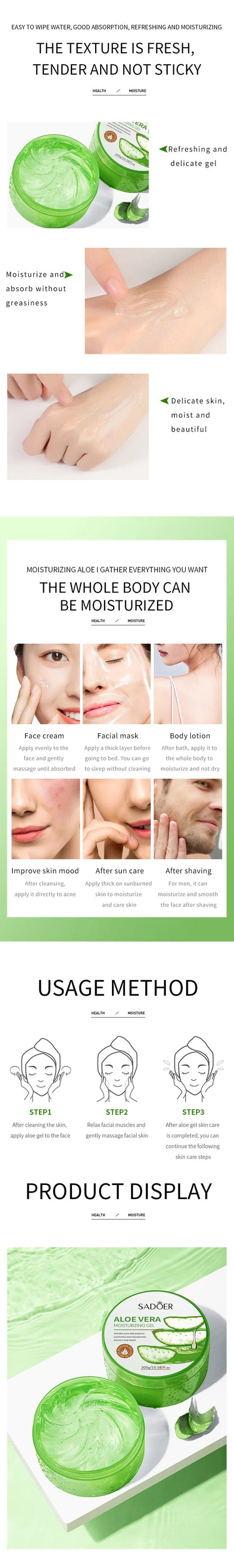 300g SADOER Aloe Vera Gel Creams Moisturizing Brightening Nourishing Firming Hydrating Face Cream Facial Skin Care Products luvshop24