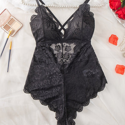 Plus Size Womens Sultry Lace Erotic Bodysuit - Flattering Fit, Delicate Scallop Edge Trim, Seductive Crisscross Strapping, Adjustable Straps, Teddy Style - Romantic Evening Wear luvshop24