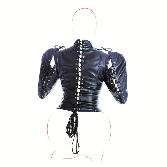 [Leather Bondage Coat] Halloween Leather Bondage Coat - Fully Clothed Arms Lace-up Straitjacket Shackle SM Role Play Costume luvshop24