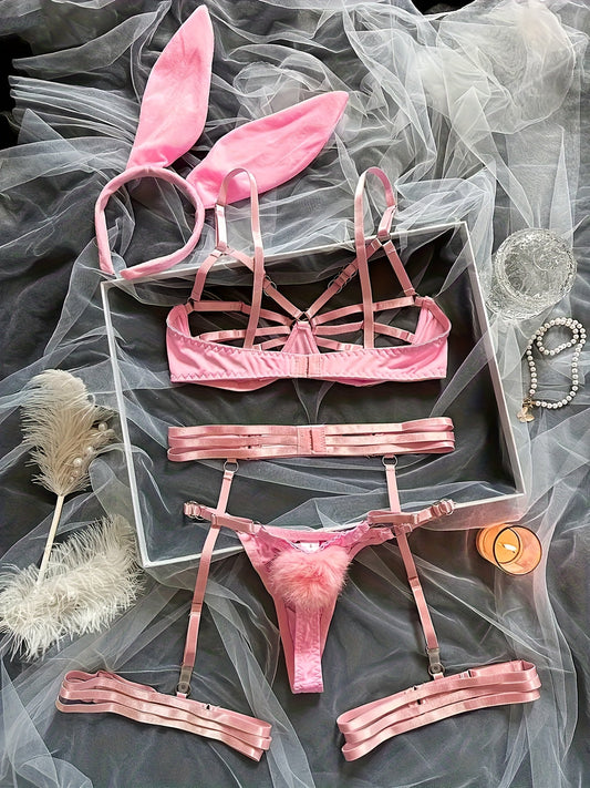 [Lace Up Rabbit Girl Lingerie] Rabbit Girl Erotic Lace Up Lingerie Set, Hollow Ring Linked Bra And Plush Ball Decoration Thong And Garter Belt, Women's Sexy Lingerie And Underwear luvshop24