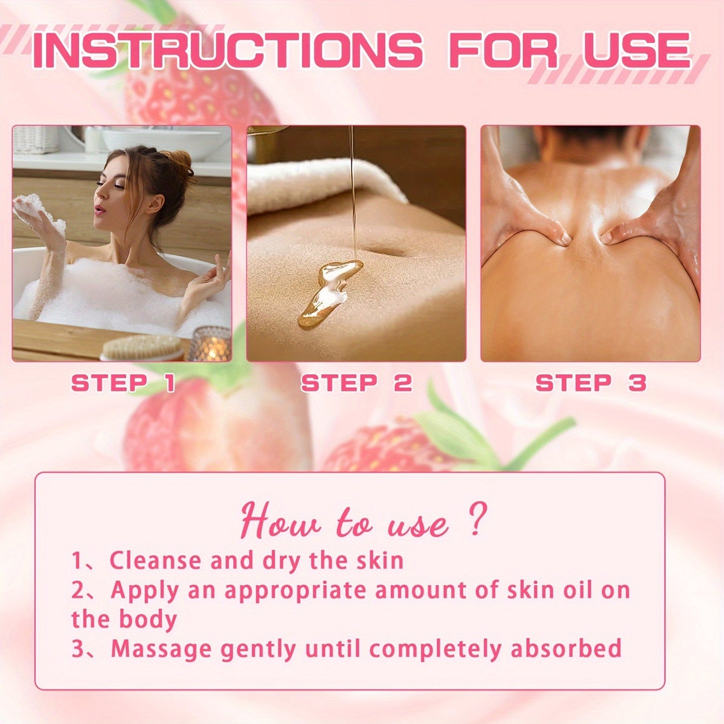120ml/4.05 Fl.Oz, Body Juice Strawberry Shortcake Scented Massage Oil, With Strawberry Extract, Jojoba, Coconut, Avocado & Olive Oils, Hydrating Body Oil luvshop24