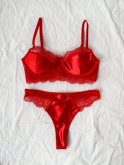 Erotic Contrast Eyelash Lace Bra & Panties, Hot Underwire Bra & Thongs Lingerie Set, Women's Lingerie & Underwear luvshop24