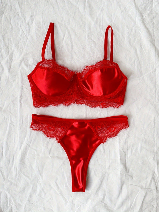Erotic Contrast Eyelash Lace Bra & Panties, Hot Underwire Bra & Thongs Lingerie Set, Women's Lingerie & Underwear luvshop24