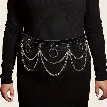 1pc Black PU Leather Chain Ring Decor Gothic Restraints Waist Belt, Punk Adjustable Nightclub Accessories Belt, Sexy Lingerie & Erotic Accessories luvshop24