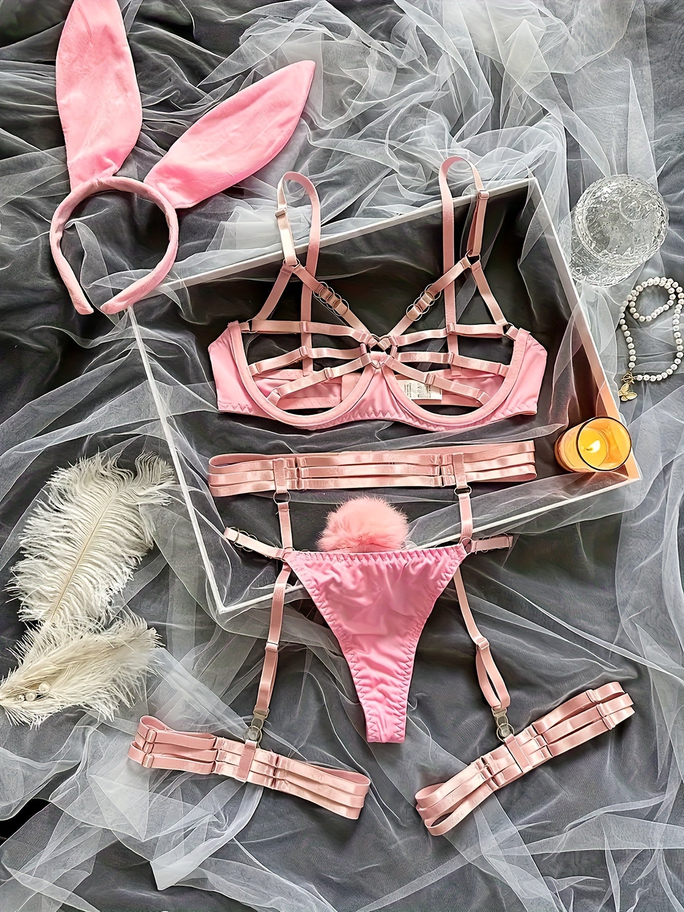 [Lace Up Rabbit Girl Lingerie] Rabbit Girl Erotic Lace Up Lingerie Set, Hollow Ring Linked Bra And Plush Ball Decoration Thong And Garter Belt, Women's Sexy Lingerie And Underwear luvshop24