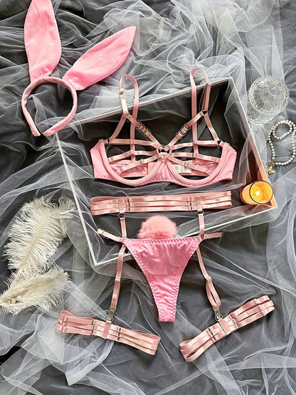 [Lace Up Rabbit Girl Lingerie] Rabbit Girl Erotic Lace Up Lingerie Set, Hollow Ring Linked Bra And Plush Ball Decoration Thong And Garter Belt, Women's Sexy Lingerie And Underwear luvshop24