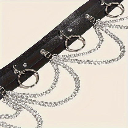 1pc Black PU Leather Chain Ring Decor Gothic Restraints Waist Belt, Punk Adjustable Nightclub Accessories Belt, Sexy Lingerie & Erotic Accessories luvshop24