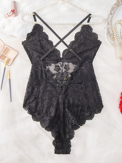 Plus Size Womens Sultry Lace Erotic Bodysuit - Flattering Fit, Delicate Scallop Edge Trim, Seductive Crisscross Strapping, Adjustable Straps, Teddy Style - Romantic Evening Wear luvshop24