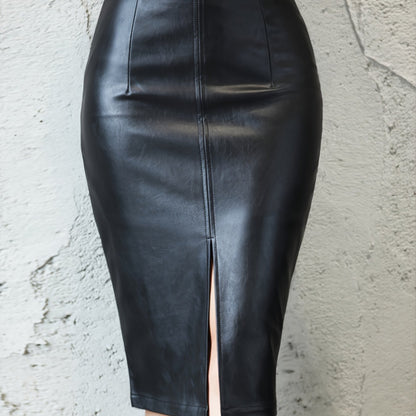 Sexy Leather Slim Slit Skirts, Casual PU Fashion Bodycon Skirts, Women's Clothing luvshop24