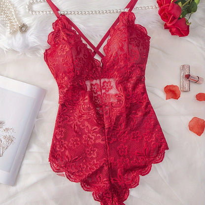 Plus Size Womens Sultry Lace Erotic Bodysuit - Flattering Fit, Delicate Scallop Edge Trim, Seductive Crisscross Strapping, Adjustable Straps, Teddy Style - Romantic Evening Wear luvshop24