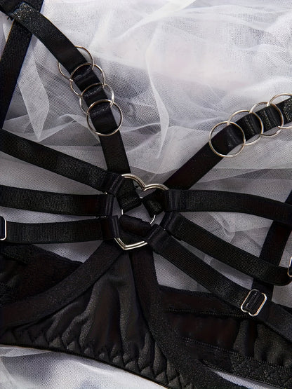 [Lace Up Rabbit Girl Lingerie] Rabbit Girl Erotic Lace Up Lingerie Set, Hollow Ring Linked Bra And Plush Ball Decoration Thong And Garter Belt, Women's Sexy Lingerie And Underwear luvshop24