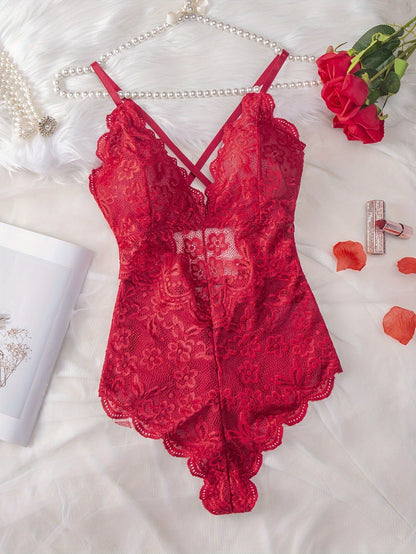 Plus Size Womens Sultry Lace Erotic Bodysuit - Flattering Fit, Delicate Scallop Edge Trim, Seductive Crisscross Strapping, Adjustable Straps, Teddy Style - Romantic Evening Wear luvshop24