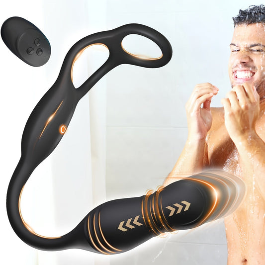 [Thrusting Prostate Massager] Remote Control Thrusting Anal Vibrator Prostate Massager - Dual Cock Ring, 3 Thrusting & 10 Vibrating Modes, Anal Plug G Spot Vibrator Adult Toys For Men Couples luvshop24