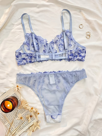 2pcs Sexy Lingerie Autumn Hot Selling French Flower Embroidery Perspective Multi-color Erotic Suit for Women luvshop24