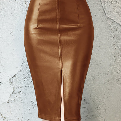 Sexy Leather Slim Slit Skirts, Casual PU Fashion Bodycon Skirts, Women's Clothing luvshop24