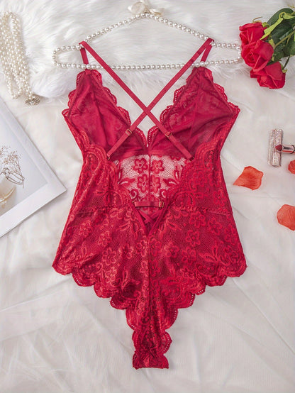 Plus Size Womens Sultry Lace Erotic Bodysuit - Flattering Fit, Delicate Scallop Edge Trim, Seductive Crisscross Strapping, Adjustable Straps, Teddy Style - Romantic Evening Wear luvshop24